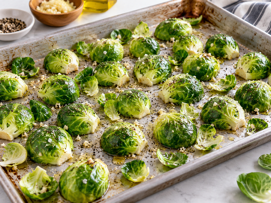 Brussels sprouts arranged cut side down for roasting