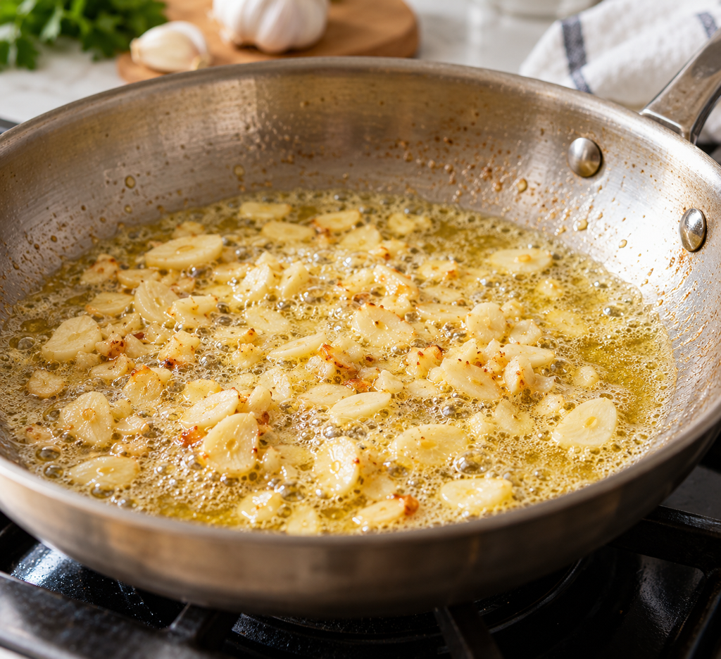 Garlic cooking in butter for creamy green beans